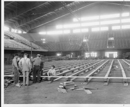 Workers continue construction of Allen Fieldhouse, which was completed in 1955.
